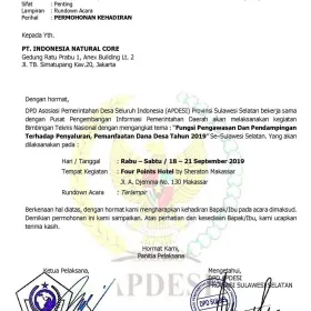 Foto Surat Undangan dari DPD APDESI (Asosiasi Perangkat Desa Seluruh Indonesia) Sulawesi Selatan<br>1 September 2019<br>Acara : 18~20 September 2019 surat_undangan_pt_inc